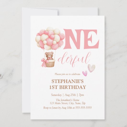 Onederful Beer Roze Hete Luchtballon 1e verjaardag Kaart (Voorkant)