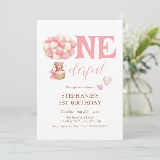 Onederful Beer Roze Hete Luchtballon 1e verjaardag Kaart (Staand voorkant)