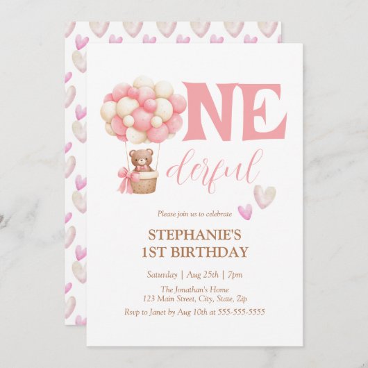 Onederful Beer Roze Hete Luchtballon 1e verjaardag Kaart (Voorkant / Achterkant)