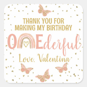 ONEderful Birthday Butterflies Rainbow Dank u Vierkante Sticker
