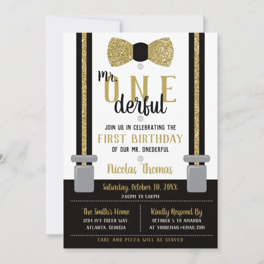 ONEderful Birthday Invitation, Black, Gold Kaart (Voorkant)