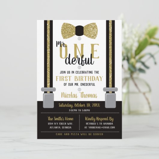 ONEderful Birthday Invitation, Black, Gold Kaart (Staand voorkant)