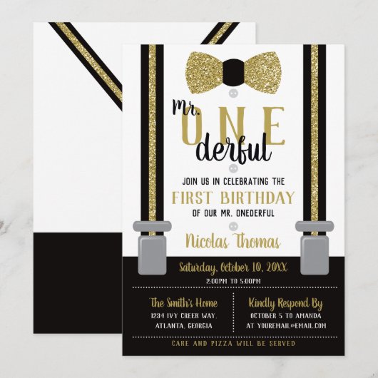 ONEderful Birthday Invitation, Black, Gold Kaart (Voorkant / Achterkant)
