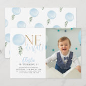 ONEderful blauwe ballon jongens 1e verjaardag foto Kaart (Voorkant / Achterkant)