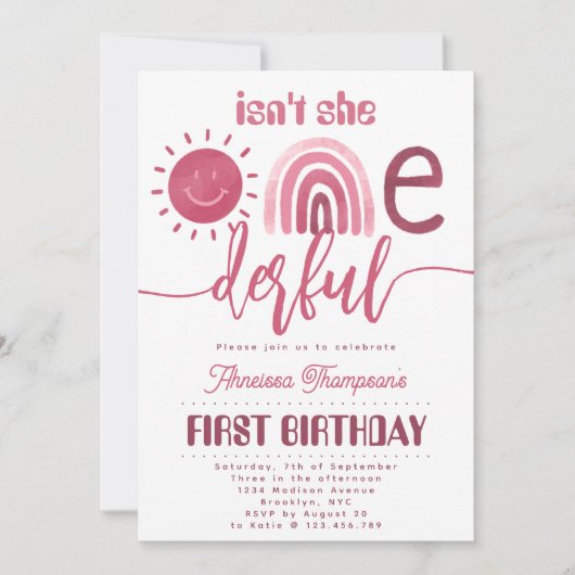 Onederful Boho Pink Rainbow Sunshine Birthday Kaart (Voorkant)