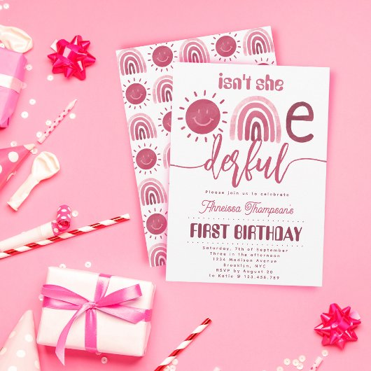 Onederful Boho Pink Rainbow Sunshine Birthday Kaart