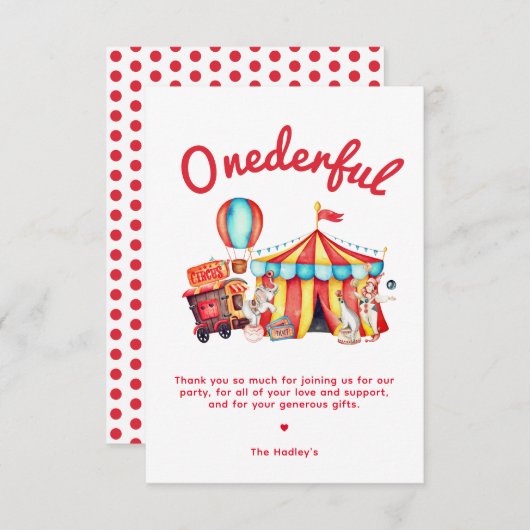 Onederful Circus 1e Verjaardag Bedankt Kaart (Voorkant / Achterkant)