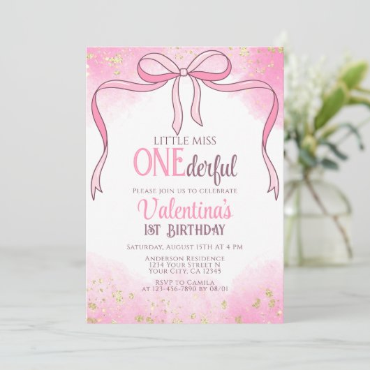 Onederful Coquette Pink Bow Glitter 1e verjaardag Kaart (Staand voorkant)