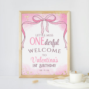 Onederful Coquette Pink Bow Glitter 1e verjaardag Poster
