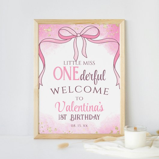 Onederful Coquette Pink Bow Glitter 1e verjaardag Poster