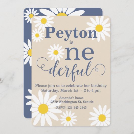 Onederful Daisy Eerste Verjaardag uitnodiging (Voorkant / Achterkant)