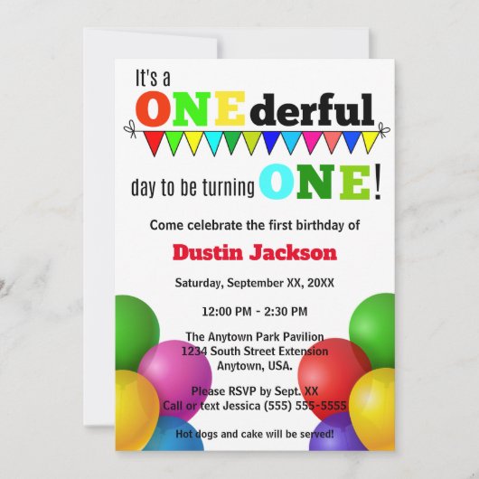 ONEderful Day Bright Balloons First Birthday Kaart (Voorkant)