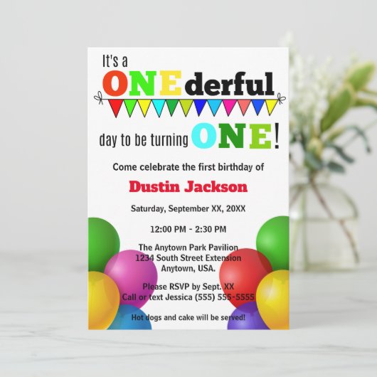ONEderful Day Bright Balloons First Birthday Kaart (Staand voorkant)