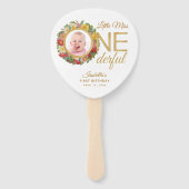 Onederful Eerste Verjaardag Floral Foto Roos krans Handwaaier (Voorkant)