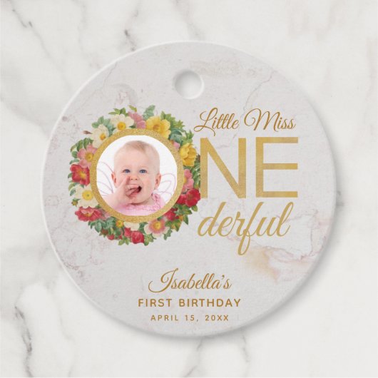 Onederful Eerste Verjaardag Foto Roos Krans Bloeme Bedankjes Labels (Voorkant)