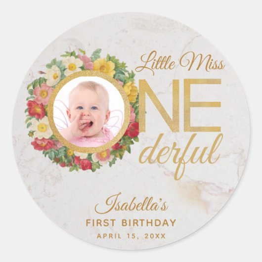 Onederful Eerste Verjaardagsfoto Floral Roos krans Ronde Sticker (Voorkant)