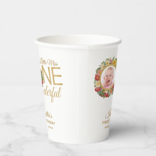 Onederful Eerste Verjaardagsfoto in Roos Wreath Go Papieren Bekers (Rechts)
