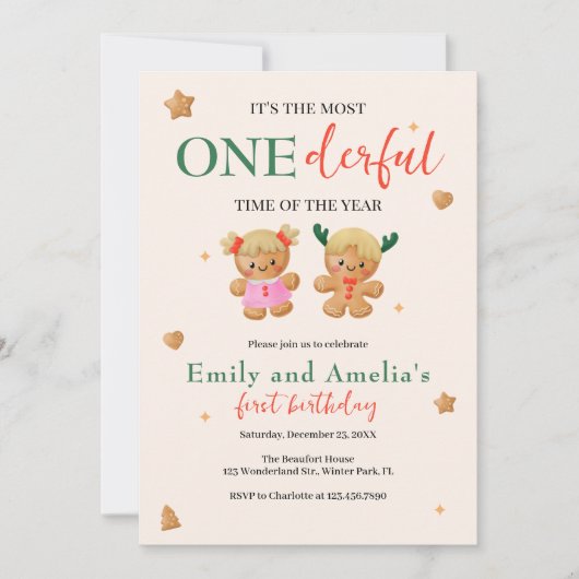 Onederful gezamenlijke kerst tweeling 1e verjaarda kaart (Voorkant)