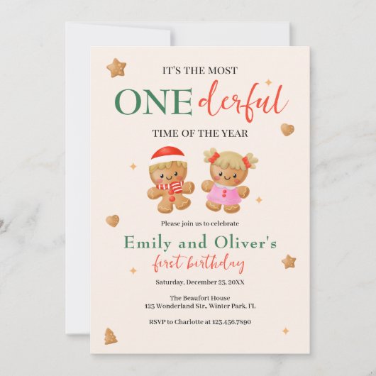 Onederful gezamenlijke kerst tweeling 1e verjaarda kaart (Voorkant)