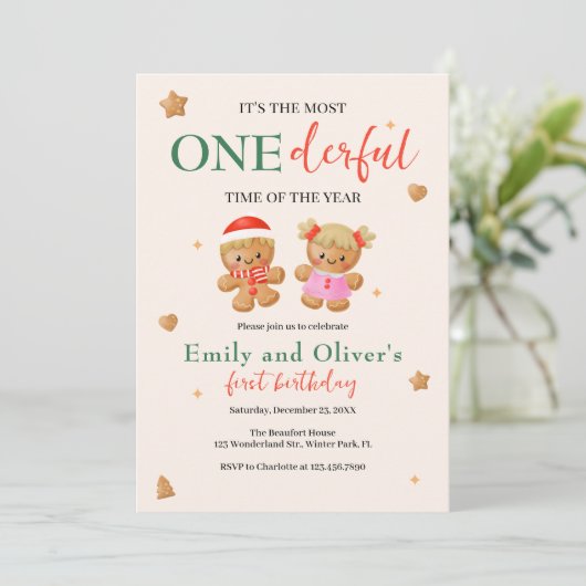 Onederful gezamenlijke kerst tweeling 1e verjaarda kaart (Staand voorkant)