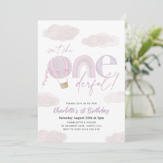 Onederful Heel Luchtballon Paarse Meisje 1e Verjaa Kaart (Staand voorkant)