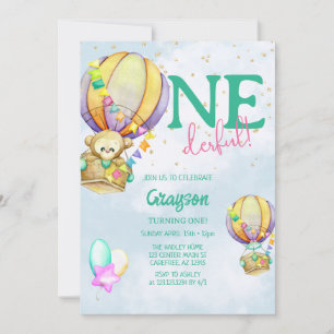Onederful Heete Luchtballon Blauw 1e Verjaardag Kaart