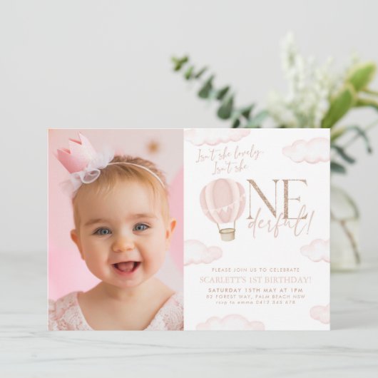 Onederful Hete Luchtballon 1e Verjaardag Foto Kaart (Staand voorkant)