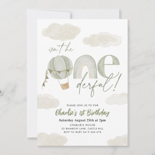 Onederful Hete Luchtballon Sage Jongen 1e Verjaard Kaart (Voorkant)