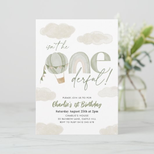 Onederful Hete Luchtballon Sage Jongen 1e Verjaard Kaart (Staand voorkant)