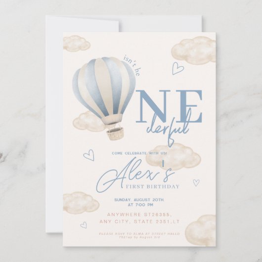 Onederful Hot Air Ballon 1e verjaardag Uitnodiging (Voorkant)