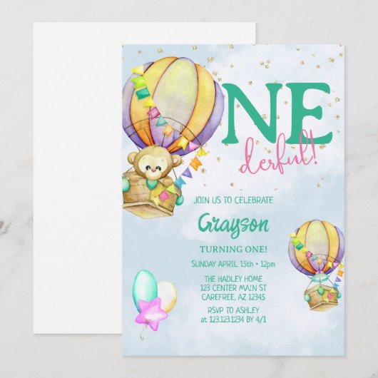 Onederful Hot Air Ballon Blue, 1e verjaardag Kaart (Voorkant / Achterkant)