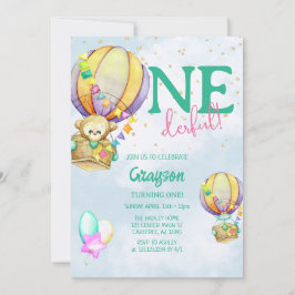 Onederful Hot Air Ballon Blue, 1e verjaardag Kaart