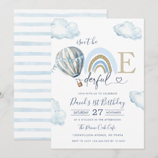 Onederful Hot Air Balloon Boy 1st Birthday Kaart (Voorkant / Achterkant)