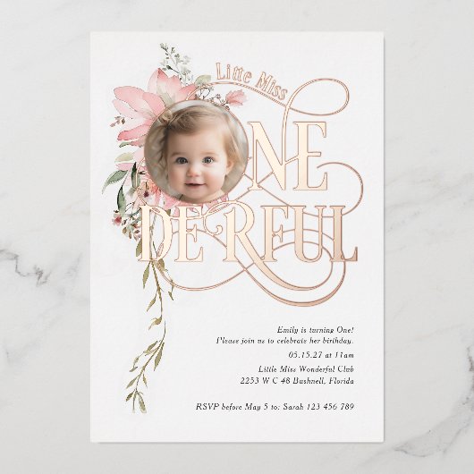 Onederful meisje 1e verjaardag Wildflower foto gou Folie Uitnodiging (Voorkant)