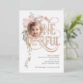 Onederful meisje 1e verjaardag Wildflower foto gou Folie Uitnodiging (Staand Voorkant)