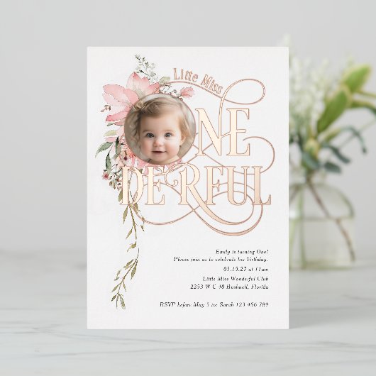Onederful meisje 1e verjaardag Wildflower foto gou Folie Uitnodiging (Staand Voorkant)