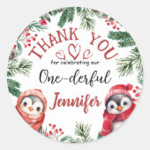 ONEderful Penguin Kerstmis 1e Verjaardag dank u Ronde Sticker (Voorkant)