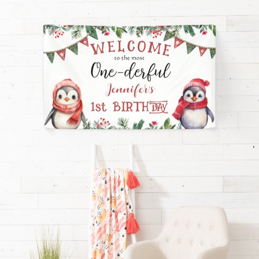 ONEderful | Pinguïn Kerstmis 1e Verjaardagsfeestje Spandoek (Insitu)