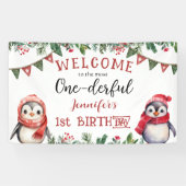 ONEderful | Pinguïn Kerstmis 1e Verjaardagsfeestje Spandoek (Horizontaal)