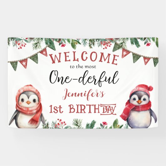 ONEderful | Pinguïn Kerstmis 1e Verjaardagsfeestje Spandoek (Horizontaal)