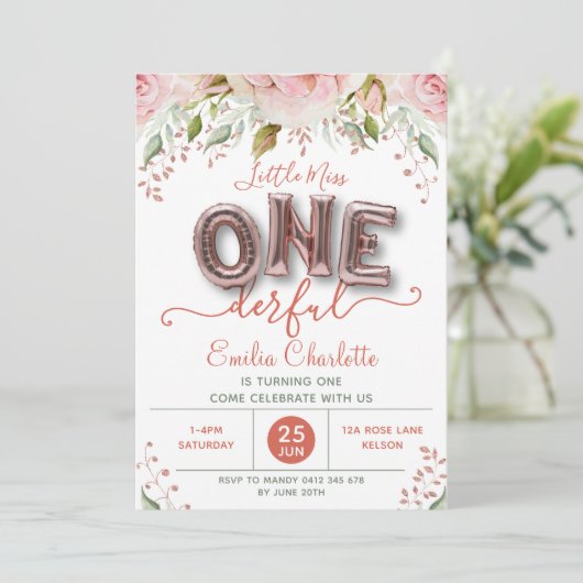 Onederful Pink Ballon First Birthday Uitnodiging (Staand voorkant)