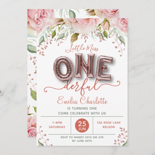 Onederful Pink Ballon First Birthday Uitnodiging (Voorkant / Achterkant)