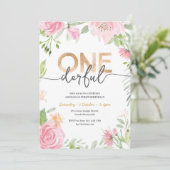 ONEderful Pink Flowers 1st Birthday Invitation Kaart (Staand voorkant)