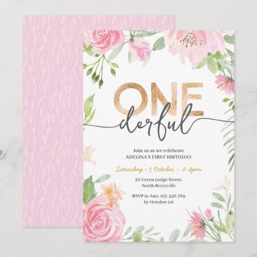 ONEderful Pink Flowers 1st Birthday Invitation Kaart (Voorkant / Achterkant)