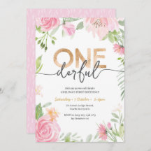ONEderful Pink Flowers 1st Birthday Invitation