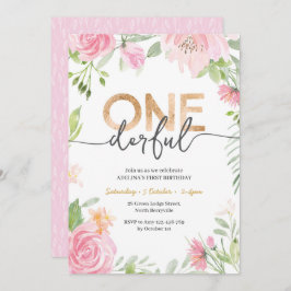 ONEderful Pink Flowers 1st Birthday Invitation Kaart