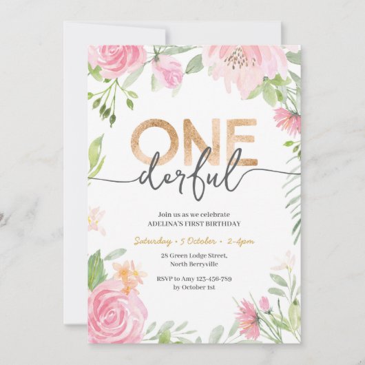 ONEderful Pink Flowers 1st Birthday Uitnodiging (Voorkant)