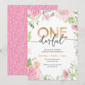 ONEderful Pink Flowers 1st Birthday Uitnodiging (Voorkant / Achterkant)