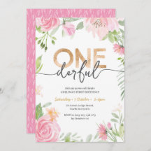ONEderful Pink Flowers 1st Birthday Uitnodiging