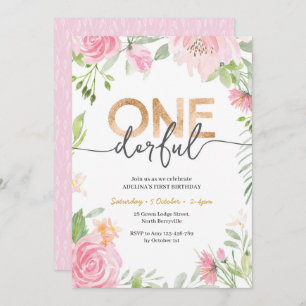 ONEderful Pink Flowers 1st Birthday Uitnodiging